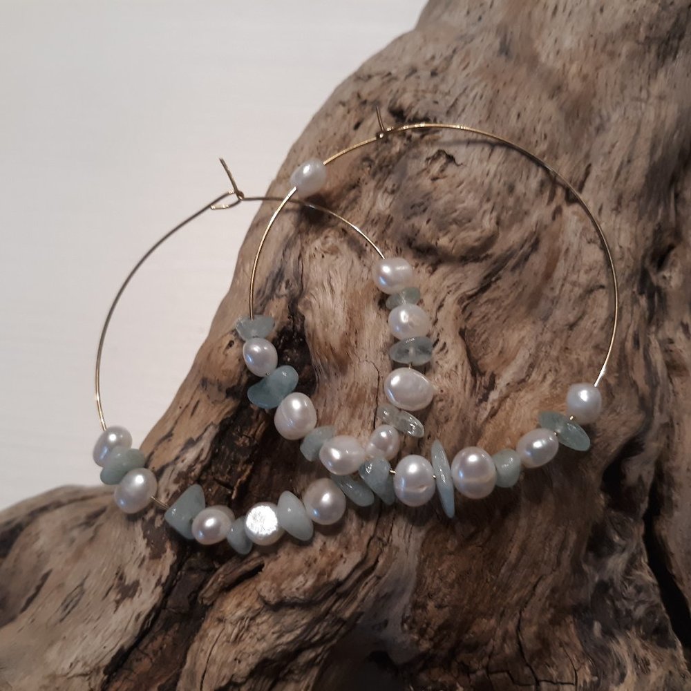 Aquamarine Pearl Hoops Gold Plated